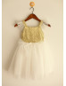 Square Neck Gold Sequin Ivory Tulle Knee Length Flower Girl Dress